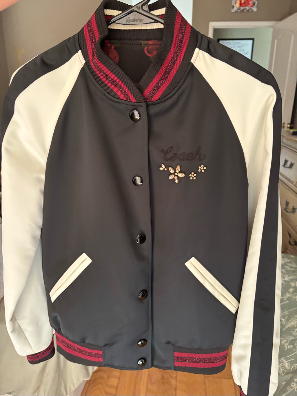 Coach Reversible Black And White Varsity Bomber Jacket With Red Trim & Rose Patt